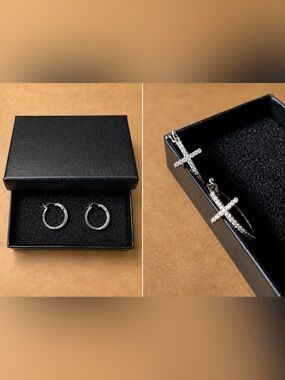Sterling Silver CZ Hoop Earrings w Cross